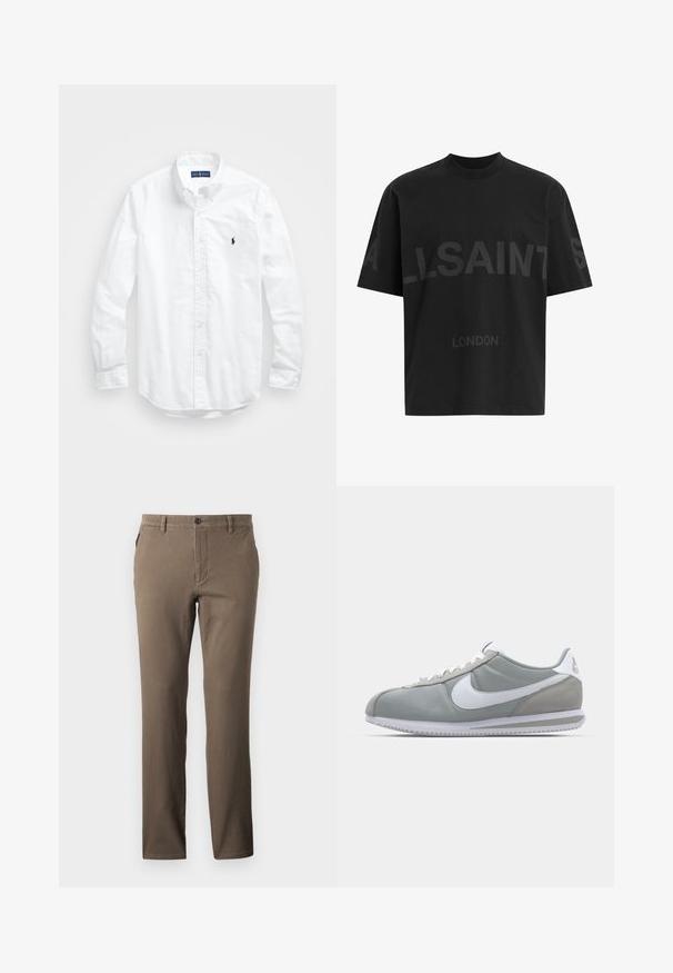 Hvid langærmet skjorte i bomuld. Har en klassisk krave, knapmanchetter og et lille marineblåt broderet logo på brystet.; Sort oversized T-shirt med mørkegrå "ALLSAINTS" tekst på tværs af brystet og "LONDON" i mindre bogstaver nedenfor.; Brune, lige bukser lavet af bomuld med en glat tekstur, der har forlommer og en enkelt knaplukning i taljen.; Grå atletisk sko med overdækning i ruskind og tekstil, hvid Nike swoosh og hvide snørebånd. Har en struktureret gummisål og polstret krave.