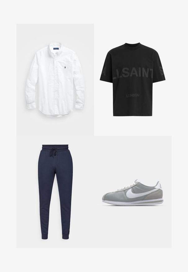 Balta garām piedurknēm pogājamā krekla izgatavots no kokvilnas. Iezīmē klasisku apkakli, poga aproces un mazu tumši zilu izšūtu logo uz krūšu.; Melna pārstrādāta T-kreklā ar tumši pelēku "ALLSAINTS" tekstu pār krūtīm un "LONDON" mazākā izmērā zem tā.; Tums zila sporta bikses ar saistēm viduklī, šaurām kājām un ribota apakšdaļa. Izgatavotas no mīkstas auduma, ar sānu kabatām un minimālu zīmola izcelšanu.; Pelēkie sporta apavi ar zamša un tekstila augšu, balto Nike logotipu un baltiem šņorēm. Iezīmējas ar strukturētu gumijas zoli un mīkstu apkaklīti.
