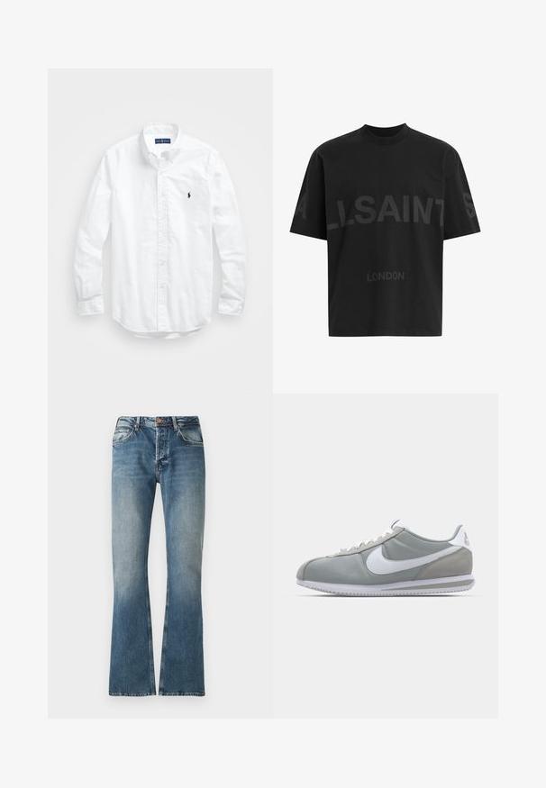 Camisa blanca de manga larga de algodón con botones. Presenta un cuello clásico, puños con botones y un pequeño logo bordado en azul marino en el pecho.; Camiseta negra de gran tamaño con el texto en gris oscuro "ALLSAINTS" en el pecho y "LONDON" en letras más pequeñas debajo.; Jeans de mezclilla azul con efecto desgastado, corte recto, cierre de botón y cremallera, y diseño de cinco bolsillos.; Zapatilla deportiva gris con parte superior de ante y textil, swoosh blanco de Nike y cordones blancos. Presenta una suela de goma texturizada y un collar acolchado.
