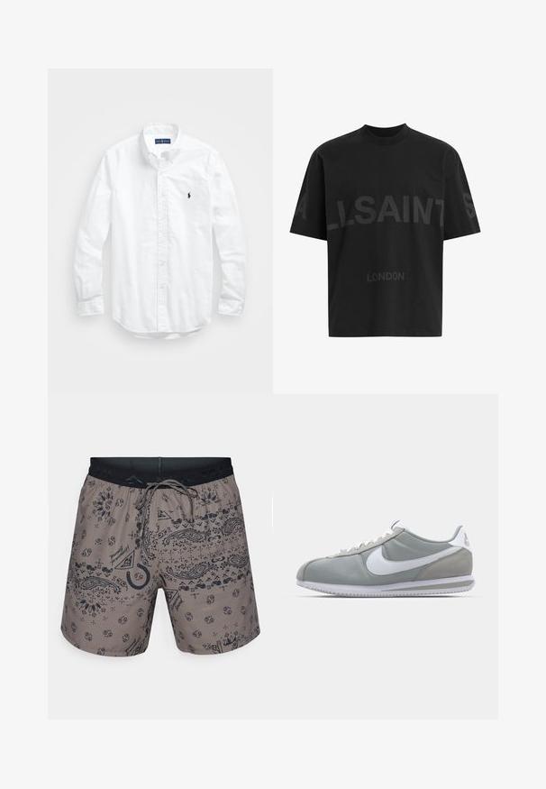 Hvit langermet skjorte i bomull med knapper. Har en klassisk krage, knappe mansjetter og en liten marineblå brodert logo på brystet.; Svart oversized T-skjorte med mørkegrå "ALLSAINTS" tekst over brystet og "LONDON" i mindre bokstaver under.; Herresvømmeshorts i grått stoff med et svart paisleymønster, elastisk midjebånd og justerbar snor. Nylonmateriale med glatt tekstur.; Grå idrettssko med overdel i semsket skinn og tekstil, hvit Nike swoosh og hvite snøringer. Har en teksturert gummisåle og polstret krage.