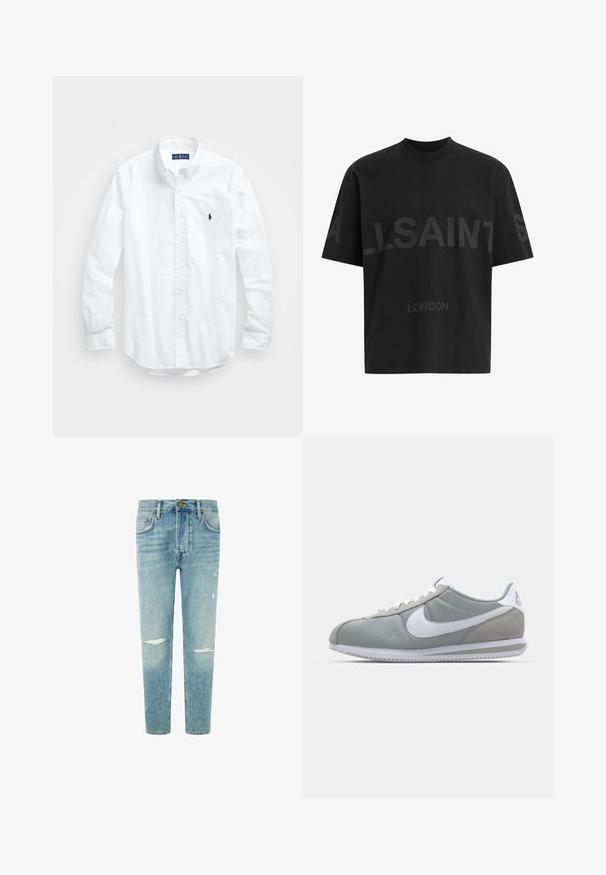 Valkoinen pitkähihaisessa napitetussa paidassa, joka on valmistettu puuvillasta. Siinä on klassinen kaulus, napilliset hihansuut ja pieni tummansininen brodeerattu logo rinnassa.; Mustat ylisuuret T-paidat, joissa on tummanharmaa "ALLSAINTS" -teksti rinnassa ja "LONDON" pienemmillä kirjaimilla alapuolella.; Vaaleansiniset farkut rentoa mallia, joissa on kulutusta polvissa, viisi taskua ja napitus vyötäröllä.; Harmaa urheilujalkine, jossa on mokka- ja tekstiilipäällinen, valkoinen Nike-tikkukiinnitys ja valkoiset nauhat. Varusteena on kuvioitu kumipohja ja pehmustettu nilkkaosa.