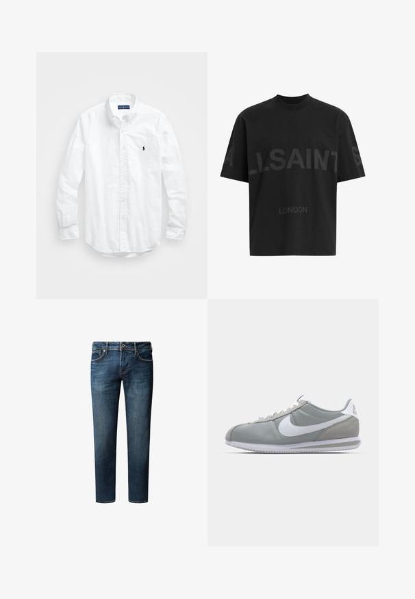 Λευκό πουκάμισο μακριά μανίκια με κουμπιά από βαμβάκι. Διαθέτει κλασικό γιακά, κουμπιά στα μανίκια και μικρό ναυτικό κεντημένο λογότυπο στο στήθος.; Μαύρο oversized T-shirt με σκούρο γκρι κείμενο «ALLSAINTS» στο στήθος και «LONDON» σε μικρότερα γράμματα από κάτω.; Σκούρο μπλε τζιν παντελόνι με ίσια γραμμή, που διαθέτει πέντε τσέπες, κουμπί για κλείσιμο και διακριτές φθορές στο ύφασμα.; Γκρι αθλητικό παπούτσι με επάνω μέρος από σουέτ και υφασμάτινο υλικό, λευκή σήμανση Nike, και λευκά κορδόνια. Διαθέτει αεριζόμενο καουτσούκ σόλα και επενδεδυμένο κολάρο.
