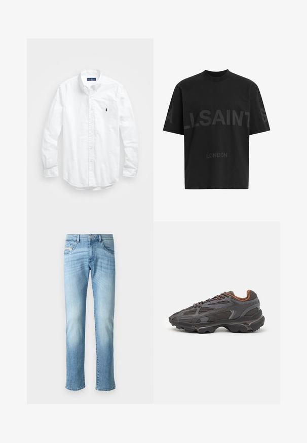 Camisa de botões de manga longa branca em algodão. Apresenta um colarinho clássico, punhos com botão e um pequeno logótipo bordado em azul-marinho no peito.; T-shirt de algodão preta com corte descontraído, apresentando um grande design tonal "ALLSAINTS" e o texto "LONDON" na parte da frente. Mangas curtas, gola redonda.; Jeans de perna reta em azul claro com detalhes desbotados, botão frontal e design de cinco bolsos contra um fundo branco liso.; Ténis Lacoste em cinza-escuro com material em malha e sintético, apresentando uma sola texturizada e detalhes castanhos na gola e na marca.