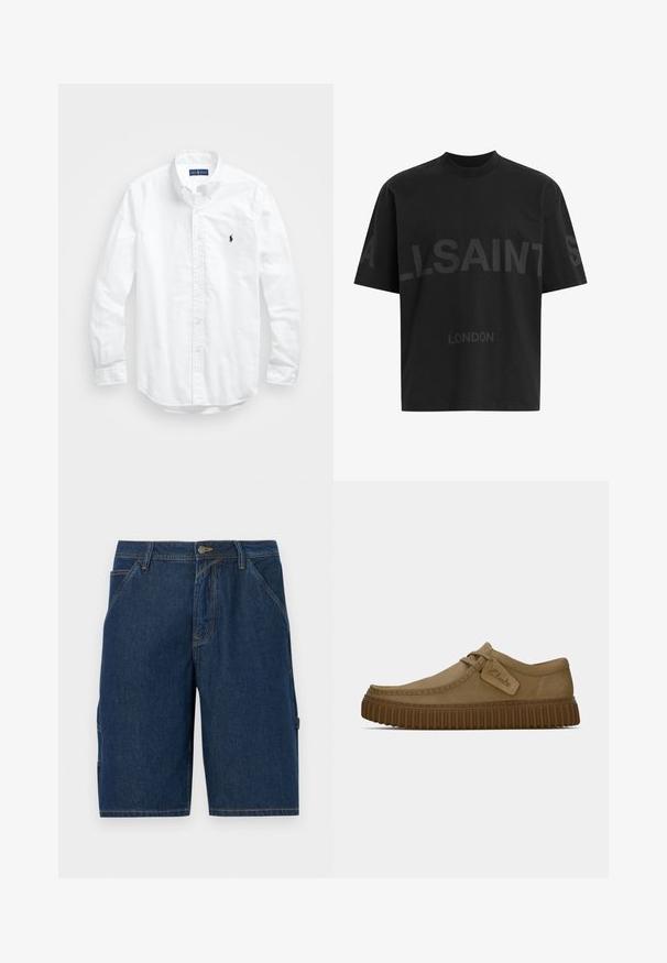 Bílá košile s dlouhým rukávem a knoflíkovým zapínáním vyrobená z bavlny. Má klasický límec, knoflíkové manžety a malé námořnické vyšívané logo na hrudi.; Černé bavlněné tričko s volnějším střihem, zdobené velkým tónovaným nápisem „ALLSAINTS“ a textem „LONDON“ na přední straně. Krátké rukávy, kulatý výstřih.; Tmavě modré denimové šortky s rovného střihu, které mají dvě přední kapsy, poutek na opasek a boční kapsu s klopou.; Světle hnědé suede boty s kulatou špičkou, prošívanými detaily a ribbovanou hnědou gumovou podrážkou. Disponují bočním štítkem s logem "Clarks".