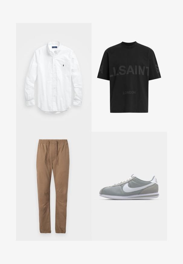 Balta ilga rankovė mygtukų marškiniai iš medvilnės. Pasižymi klasikinėmis apykaklėmis, mygtukų rankogaliais ir mažuoju tamsiai mėlynu siuviniu su logotipu ant krūtinės.; Juodas per didelis marškinėliai su tamsiai pilku „ALLSAINTS“ tekstu krūtinėje ir „LONDON“ mažesnėmis raidėmis žemiau.; Rudos medvilnės mišinio kelnes su elastingu juosmeniu, reguliuojamu raišteliu ir siaurėjančiais rankogaliais. Sklandus paviršius, be matomų raštų ar priedų.; Pilkas sportinis batelis su zomšiniais ir tekstiliniais viršutiniais paviršiais, baltas Nike swoosh ženklas ir baltos raišteliai. Yra tekstūruotas gumos padas ir paminkštinta apykaklė.