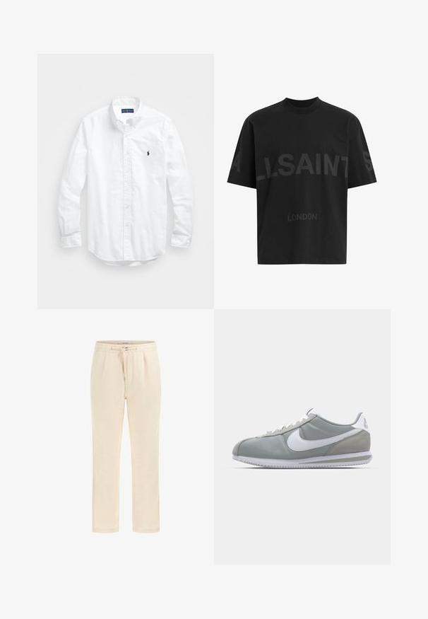 Hvid langærmet skjorte i bomuld. Har en klassisk krave, knapmanchetter og et lille marineblåt broderet logo på brystet.; Sort T-shirt i bomuld med løs pasform, der har et stort tonalt "ALLSAINTS" design og teksten "LONDON" på forsiden. Korte ærmer, rund hals.; Beige joggers lavet af blødt stof med elastisk talje, snøre og sidelommer. Lige ben design med en glat tekstur.; Grå atletisk sko med overdækning i ruskind og tekstil, hvid Nike swoosh og hvide snørebånd. Har en struktureret gummisål og polstret krave.