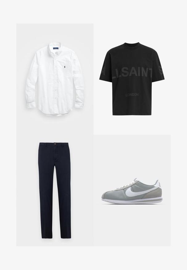 Fehér, hosszú ujjú, gombos férfiing pamutból. Klasszikus gallérral, gombos mandzsettával és egy kis sötétkék hímzett logóval a mellrészen.; Fekete, túlméretes póló sötétszürke "ALLSAINTS" felirattal a mellkason, alatta kisebb betűkkel "LONDON" felirattal.; Tengerészkék pamut nadrág egyenes szárú kialakítással, elülső cipzárral és egy gombos záródással. Simaszövet, látható mintázat nélkül.; Szürke sportcipő velúr és textil felsőrésszel, fehér Nike pipa logóval és fehér fűzőkkel. Jellemzője egy texturált gumi talp és párnázott bokarész.