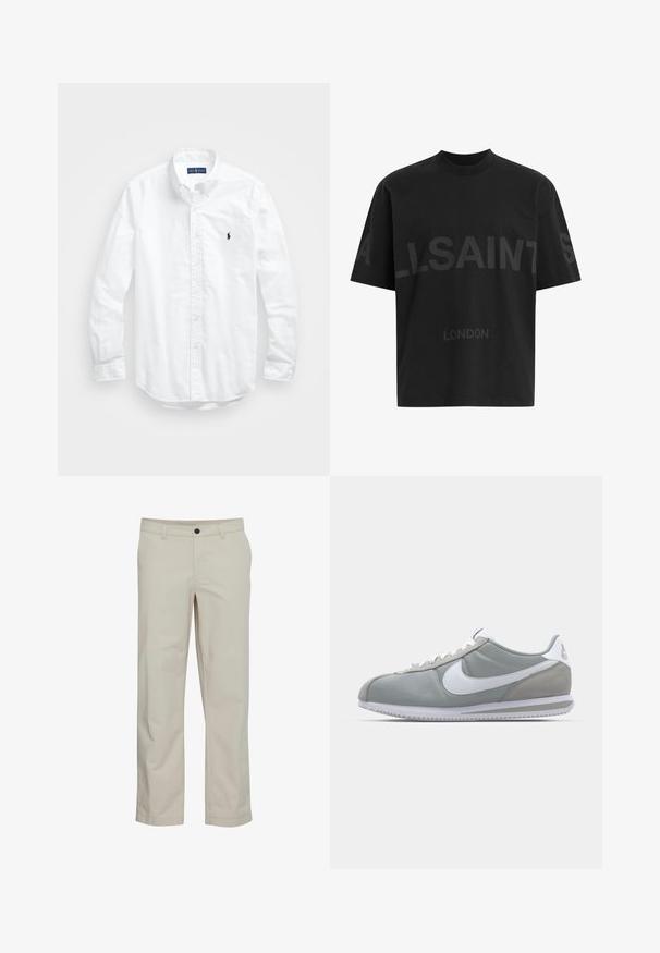 White long-sleeve button-up shirt in cotton. Features a classic collar, button cuffs, and a small navy embroidered logo on the chest.; Black cotton t-shirt with a relaxed fit, featuring a large tonal "ALLSAINTS" design and "LONDON" text on the front. Short sleeves, round neck.; Beige cotton trousers with a straight-leg design, front pockets, and a single button closure. Smooth texture and minimal stitching details.; Gray athletic shoe with a suede and textile upper, white Nike swoosh, and white laces. Features a textured rubber sole and padded collar.