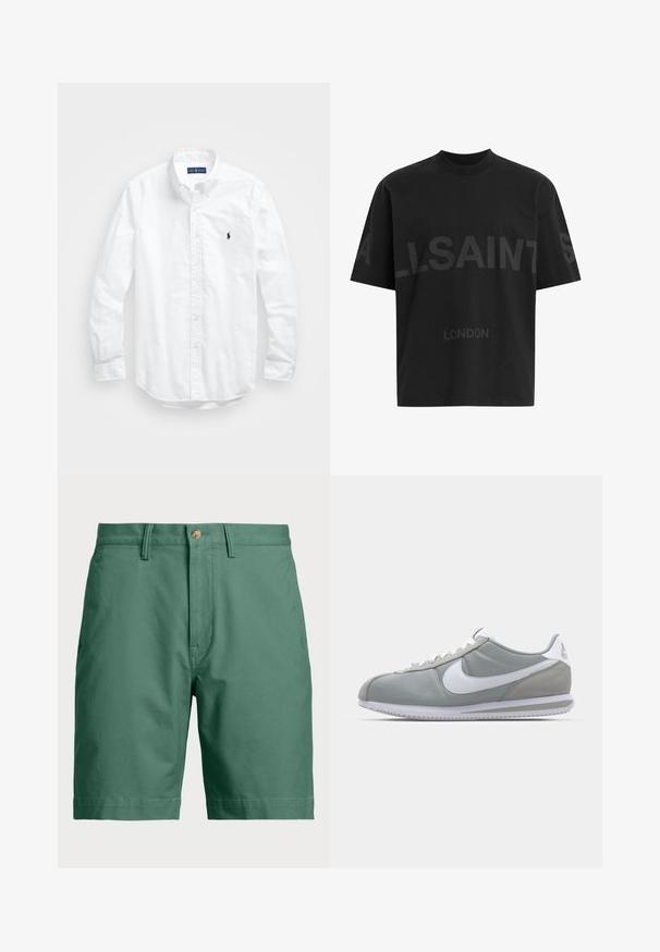 Bílá košile s dlouhým rukávem a knoflíkovým zapínáním vyrobená z bavlny. Má klasický límec, knoflíkové manžety a malé námořnické vyšívané logo na hrudi.; Černé bavlněné tričko s volnějším střihem, zdobené velkým tónovaným nápisem „ALLSAINTS“ a textem „LONDON“ na přední straně. Krátké rukávy, kulatý výstřih.; Zelené bavlněné kraťasy s knoflíkovým zapínáním a poutky na opasek. Jednoduchý design se rovnou siluetou a bez viditelných vzorů nebo akcentů.; Šedá sportovní bota s svrchní částí z semiše a textilu, bílým logem Nike a bílými tkaničkami. Obsahuje texturovanou gumovou podrážku a polstrovaný límec.