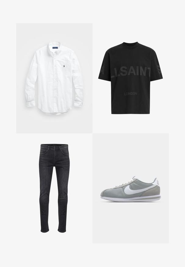 Biele dlhé rukávy košele so zapínaním na gombíky z bavlny. Má klasický golier, gombíkové manžety a malú tmavomodrú vyšitú logo na hrudi.; Čierne pánske oversized tričko s tmavosivým textom "ALLSAINTS" cez hruď a menšími písmenami "LONDON" pod ním.; Úzke fit džínsy v tmavosivej denimovej farbe, s bočnými a zadnými vreckami, predným gombíkom a jemnými detailmi vyblednutia.; Sivé športové tenisky s vrchom z semišu a textilu, bielym logom Nike a bielymi šnúrkami. Majú štruktúrovanú gumenú podrážku a polstrovaný golier.