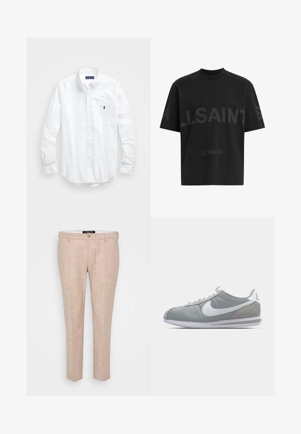 Balta garām piedurknēm pogājamā krekla izgatavots no kokvilnas. Iezīmē klasisku apkakli, poga aproces un mazu tumši zilu izšūtu logo uz krūšu.; Melna pārstrādāta T-kreklā ar tumši pelēku "ALLSAINTS" tekstu pār krūtīm un "LONDON" mazākā izmērā zem tā.; Gai pelēkbrūni bikses, izgatavotas no lina maisījuma auduma, ar taisnu priekšpusi, jostu cilpām un vienu pogu aizdari. Šūti taisnas kājas stils.; Pelēkie sporta apavi ar zamša un tekstila augšu, balto Nike logotipu un baltiem šņorēm. Iezīmējas ar strukturētu gumijas zoli un mīkstu apkaklīti.