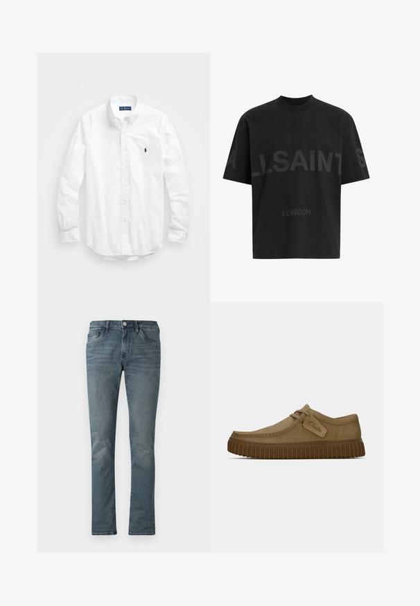 Valge pikkade varrukatega kotitõmblusega särk puuvillast. Omab klassikalist kraed, nööpidega mansette ja väikest tumesinist tikandit rinnal.; Musthave suuruses must T-särk tumedatest halli "ALLSAINTS" tekstiga rinnal ja väiksemate tähtedega all "LONDON".; Meeste sinised denimid, kitsas lõige, viie taskuga, nupuga kinnitamine ja õrn fade efekt.; Kerged pruunist nahksoost kingad, millel on ümar varvas, õmblustega detailid ja soonikkoes pruun kummitald. Omab külje peal sildi, millel on "Clarks" logo.
