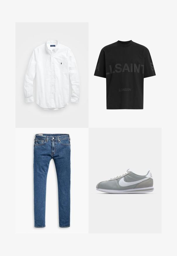 Bela dolg rokav srajca s gumbi iz bombaža. Ima klasičen ovratnik, gumbnice na zapestjih in majhen temno moder vezen logotip na prsih.; Črna oversize majica s短kimi rokavi z temno sivo napisano besedo "ALLSAINTS" čez prsi in "LONDON" v manjših črkah spodaj.; Modre tkanine skinny kavbojke s petimi žepi, sprednjim gumbom in zankami za pas, prikazane na ravni površini na beli podlagi.; Sive tenisice za šport z zgornjim delom iz semiša in tekstila, belim Nike swooshom in belimi vezalkami. Imajo strukturirano gumijasto podplat in oblazinjen ovratnik.