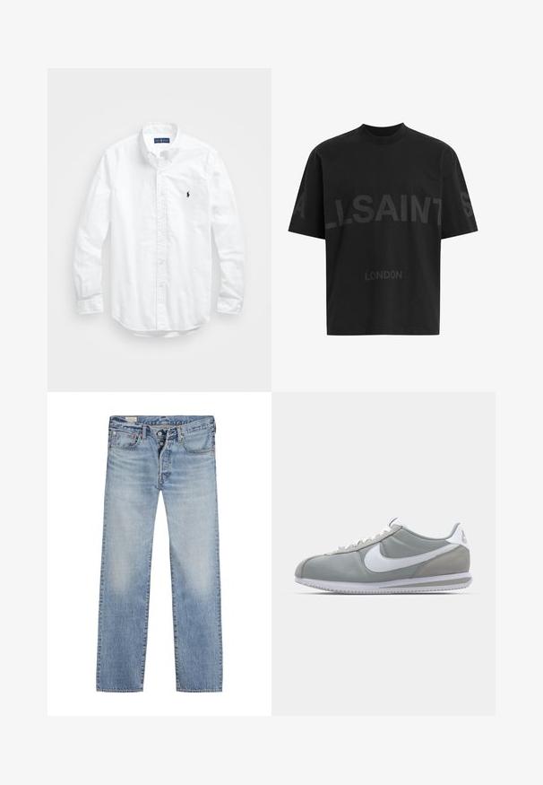 Camisa blanca de manga larga de algodón con botones. Presenta un cuello clásico, puños con botones y un pequeño logo bordado en azul marino en el pecho.; Camiseta negra de gran tamaño con el texto en gris oscuro "ALLSAINTS" en el pecho y "LONDON" en letras más pequeñas debajo.; Jeans de mezclilla azul claro con pierna recta, que cuentan con un cierre de botón, diseño de cinco bolsillos y textura desgastada a lo largo de los muslos.; Zapatilla deportiva gris con parte superior de ante y textil, swoosh blanco de Nike y cordones blancos. Presenta una suela de goma texturizada y un collar acolchado.