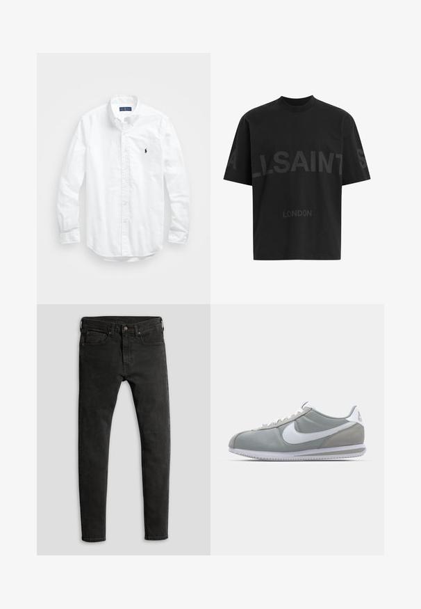 Balta ilga rankovė mygtukų marškiniai iš medvilnės. Pasižymi klasikinėmis apykaklėmis, mygtukų rankogaliais ir mažuoju tamsiai mėlynu siuviniu su logotipu ant krūtinės.; Juodas per didelis marškinėliai su tamsiai pilku „ALLSAINTS“ tekstu krūtinėje ir „LONDON“ mažesnėmis raidėmis žemiau.; Ploni juodi džinsai iš matinio juodo džinso audinio, su penkių kišenių dizainu ir klasikiniu užsegimu su mygtukais bei užtrauktuku.; Pilkas sportinis batelis su zomšiniais ir tekstiliniais viršutiniais paviršiais, baltas Nike swoosh ženklas ir baltos raišteliai. Yra tekstūruotas gumos padas ir paminkštinta apykaklė.