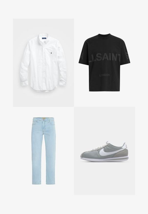 Camisa blanca de manga larga de algodón con botones. Presenta un cuello clásico, puños con botones y un pequeño logo bordado en azul marino en el pecho.; Camiseta negra de gran tamaño con el texto en gris oscuro "ALLSAINTS" en el pecho y "LONDON" en letras más pequeñas debajo.; Vaqueros de mezclilla azul claro con un corte recto, diseño estándar de cinco bolsillos y cierre de cremallera con botón de metal.; Zapatilla deportiva gris con parte superior de ante y textil, swoosh blanco de Nike y cordones blancos. Presenta una suela de goma texturizada y un collar acolchado.
