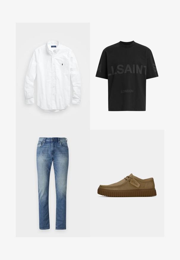 Bílá košile s dlouhým rukávem a knoflíkovým zapínáním vyrobená z bavlny. Má klasický límec, knoflíkové manžety a malé námořnické vyšívané logo na hrudi.; Černé oversized tričko s tmavě šedým nápisem "ALLSAINTS" na hrudi a menším textem "LONDON" pod ním.; Svetle modré džíny z denimu se rovnými nohavicemi, pěti kapsami a vybledlým vzhledem. Mají zapínání na knoflík a poutka na opasek.; Světle hnědé suede boty s kulatou špičkou, prošívanými detaily a ribbovanou hnědou gumovou podrážkou. Disponují bočním štítkem s logem "Clarks".