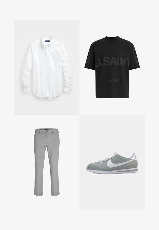 Chemise blanche à manches longues en coton. Dotée d'un col classique, de poignets à boutons et d'un petit logo brodé bleu marine sur la poitrine.; T-shirt noir surdimensionné avec le texte "ALLSAINTS" en gris foncé sur la poitrine et "LONDON" en lettres plus petites en dessous.; Pantalons gris en tissu léger, à coupe droite, avec une fermeture éclair et un bouton unique à la taille.; Chaussure de sport grise avec une tige en daim et textile, logo Nike en blanc et lacets blancs. Elle dispose d'une semelle en caoutchouc texturée et d'un collier rembourré.