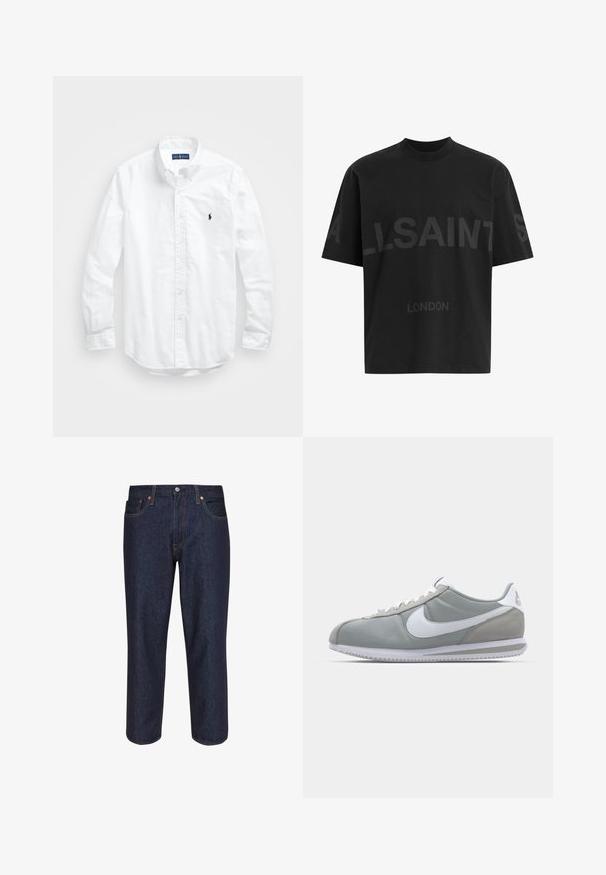 Camisa blanca de manga larga de algodón con botones. Presenta un cuello clásico, puños con botones y un pequeño logo bordado en azul marino en el pecho.; Camiseta de algodón negro con ajuste relajado, con un gran diseño tonal "ALLSAINTS" y el texto "LONDON" en el delantero. Manga corta, cuello redondo.; Jeans de denim azul oscuro con corte recto, que cuentan con costuras en naranja contrastantes, cinco bolsillos y un cierre frontal de botón.; Zapatilla deportiva gris con parte superior de ante y textil, swoosh blanco de Nike y cordones blancos. Presenta una suela de goma texturizada y un collar acolchado.