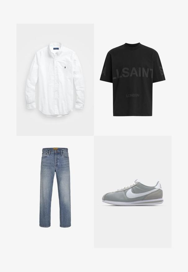 Biała, bawełniana koszula z długim rękawem zapinana na guziki. Posiada klasyczny kołnierzyk, mankiety zapinane na guziki oraz małe, granatowe, haftowane logo na klatce piersiowej.; Czarna, oversize koszulka z ciemnoszarym napisem "ALLSAINTS" na piersi oraz słowem "LONDON" mniejszymi literami poniżej.; Jasnoniebieskie dżinsy o prostym kroju wykonane z denimu, z wyblakłym wykończeniem, pięcioma kieszeniami, szlufkami na pasek oraz zapięciem na zamek błyskawiczny z guzikem.; Szare buty sportowe z cholewką z zamszu i tekstyliów, białym logo Nike i białymi sznurówkami. Posiadają teksturowaną gumową podeszwę i wyściełany kołnierz.