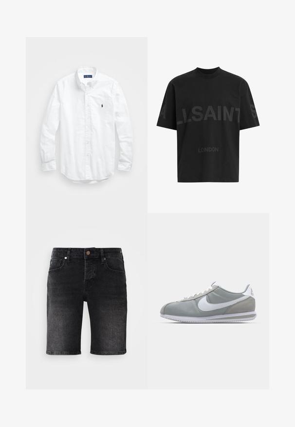 Balta garām piedurknēm pogājamā krekla izgatavots no kokvilnas. Iezīmē klasisku apkakli, poga aproces un mazu tumši zilu izšūtu logo uz krūšu.; Melna pārstrādāta T-kreklā ar tumši pelēku "ALLSAINTS" tekstu pār krūtīm un "LONDON" mazākā izmērā zem tā.; Melnas džinsa šorti ar taisnu griezumu, piecu kabatu dizainu un kontrastējošiem šuvēm. Iekļauj metāla pogu un tumšā mazgāšanas tekstūru.; Pelēkie sporta apavi ar zamša un tekstila augšu, balto Nike logotipu un baltiem šņorēm. Iezīmējas ar strukturētu gumijas zoli un mīkstu apkaklīti.
