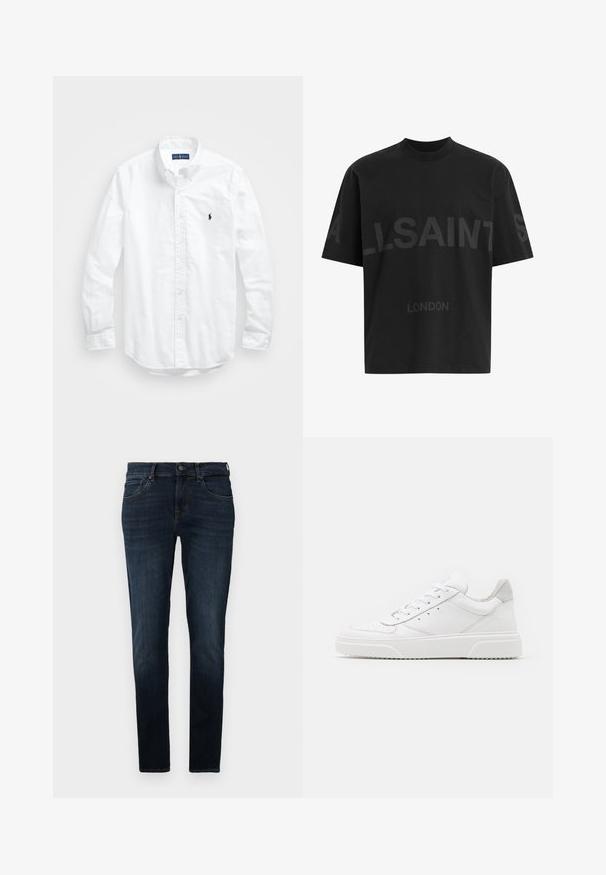 Bijela košulja dugih rukava s gumbima izrađena od pamuka. Ima klasični ovratnik, gumbaste manžete i mali brodasti logo u tamnoplavoj boji na prsima.; Crna oversize majica s tamnosivim natpisom "ALLSAINTS" preko prsiju i "LONDON" manjim slovima ispod.; Tamno plave traperice od denima. Slim fit dizajn s pet džepova, diskretno šivanje i dugme za zatvaranje u struku. Glatka tekstura.; Bijele kožne tenisice s glatkom površinom, okruglim vrhom, ravnim vezicama i strukturiranom potplatom. Sivi antilop naglasak na peti.