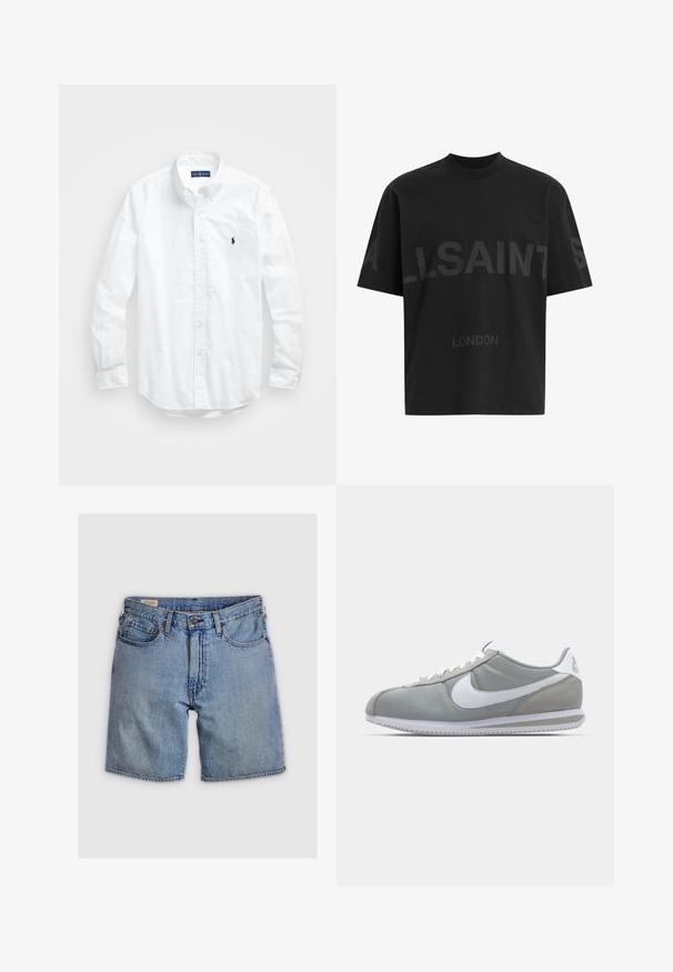 Hvit langermet skjorte i bomull med knapper. Har en klassisk krage, knappe mansjetter og en liten marineblå brodert logo på brystet.; Svart oversized T-skjorte med mørkegrå "ALLSAINTS" tekst over brystet og "LONDON" i mindre bokstaver under.; Denimshorts i lys blå vask, med høy midje, fem lommer, og glidelås med knappelukking. Sømmen er i kontrast med oransje.; Grå idrettssko med overdel i semsket skinn og tekstil, hvit Nike swoosh og hvite snøringer. Har en teksturert gummisåle og polstret krage.