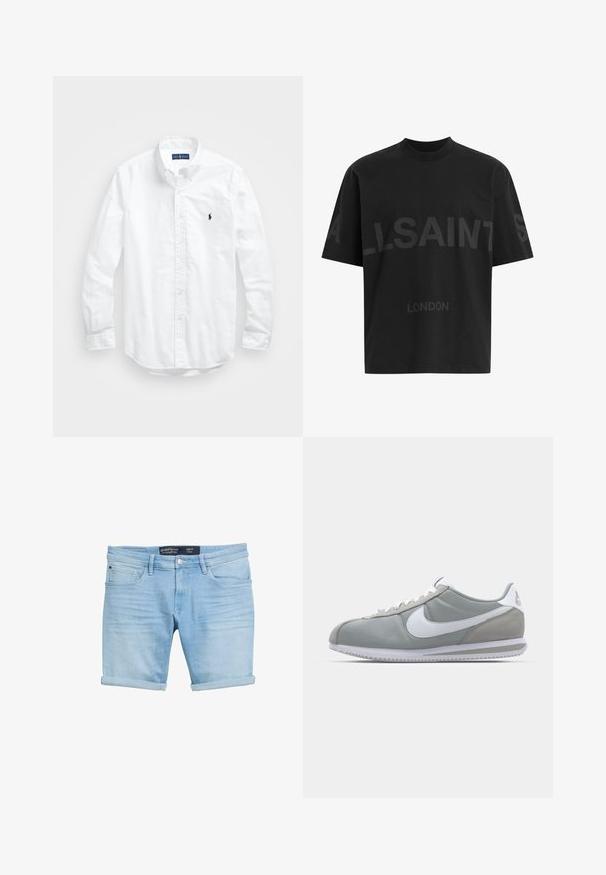 Vit långärmad skjorta i bomull med knappar. Har en klassisk krage, knappmanchetter och en liten broderad logotyp i marinblått på bröstet.; Svart oversized T-shirt med mörkgrå "ALLSAINTS"-text över bröstet och "LONDON" i mindre bokstäver nedanför.; Ljusblå denimshorts med uppvikt fåll, med fem fickor och knappstängning, tillverkade av en slät, något slitna tyg.; Grå idrottssko med ovandel i mocka och textil, vit Nike-swoosh och vita snören. Har en texturerad gummisula och vadderad krage.