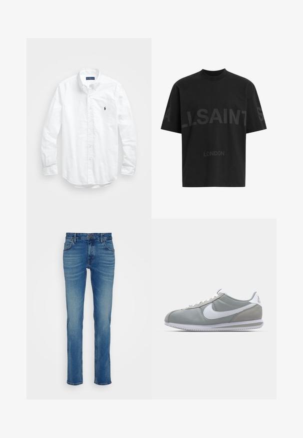 Camisa blanca de manga larga de algodón con botones. Presenta un cuello clásico, puños con botones y un pequeño logo bordado en azul marino en el pecho.; Camiseta negra de gran tamaño con el texto en gris oscuro "ALLSAINTS" en el pecho y "LONDON" en letras más pequeñas debajo.; Vaqueros de denim azul con un corte recto, cinco bolsillos y una cintura con botón que presenta un ligero desvanecimiento y detalles de desgastado.; Zapatilla deportiva gris con parte superior de ante y textil, swoosh blanco de Nike y cordones blancos. Presenta una suela de goma texturizada y un collar acolchado.
