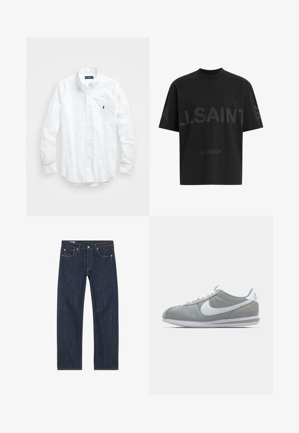 Valge pikkade varrukatega kotitõmblusega särk puuvillast. Omab klassikalist kraed, nööpidega mansette ja väikest tumesinist tikandit rinnal.; Musthave suuruses must T-särk tumedatest halli "ALLSAINTS" tekstiga rinnal ja väiksemate tähtedega all "LONDON".; Tumedast sinisest denimist teksad otse lõikega, millel on vasknõelad, kollane õmblus ja esikotid. Sile tekstuur minimaalsete disainidetailidega.; Hallitus hallikets pro piletse ja teki, valge Nike swoosh ja valged paelad. Omab tekstuuriga kummitalda ja polsterdatud krae.