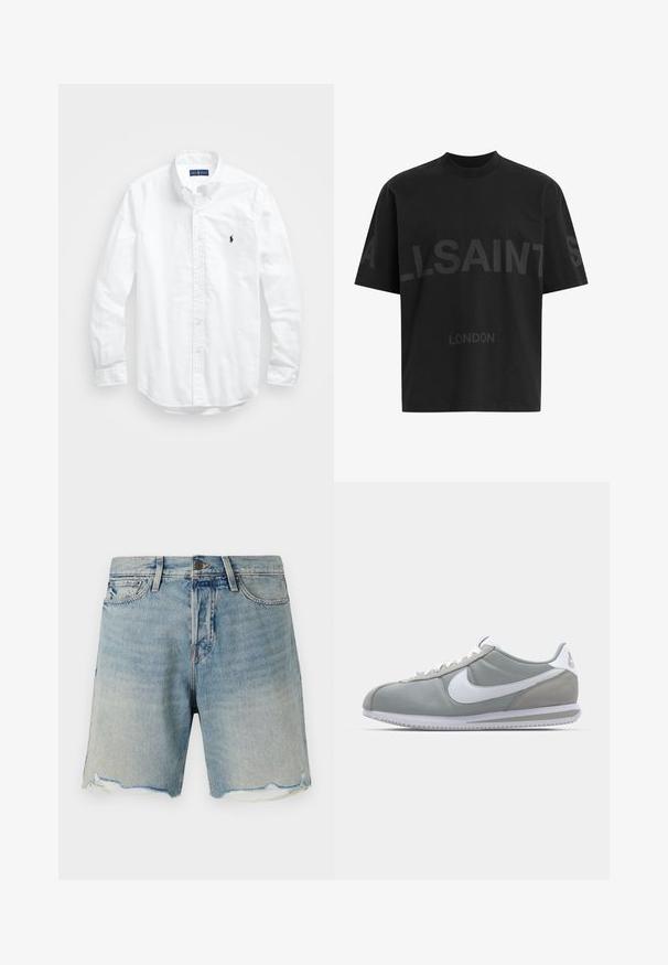 Camisa blanca de manga larga de algodón con botones. Presenta un cuello clásico, puños con botones y un pequeño logo bordado en azul marino en el pecho.; Camiseta negra de gran tamaño con el texto en gris oscuro "ALLSAINTS" en el pecho y "LONDON" en letras más pequeñas debajo.; Pantalones cortos de mezclilla en azul claro con un acabado desvanecido. Presenta un dobladillo deshilachado y un diseño estándar de cinco bolsillos. Cierre de botón metálico en la cintura.; Zapatilla deportiva gris con parte superior de ante y textil, swoosh blanco de Nike y cordones blancos. Presenta una suela de goma texturizada y un collar acolchado.