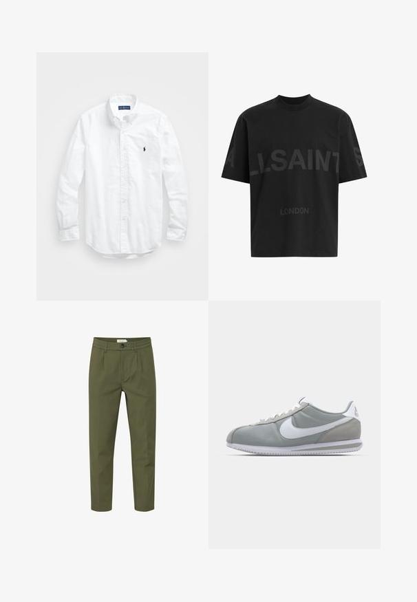 Hvid langærmet skjorte i bomuld. Har en klassisk krave, knapmanchetter og et lille marineblåt broderet logo på brystet.; Sort T-shirt i bomuld med løs pasform, der har et stort tonalt "ALLSAINTS" design og teksten "LONDON" på forsiden. Korte ærmer, rund hals.; Olivengrønne bukser lavet af glat stof, med knaplukning, plisseret front og tapered ben. Ingen synlige lommer.; Grå atletisk sko med overdækning i ruskind og tekstil, hvid Nike swoosh og hvide snørebånd. Har en struktureret gummisål og polstret krave.