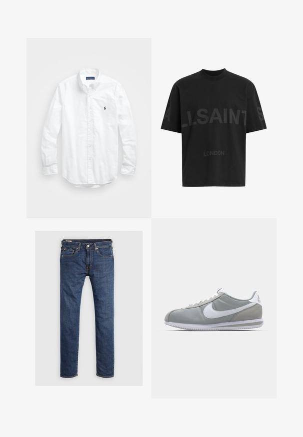 Camisa blanca de manga larga de algodón con botones. Presenta un cuello clásico, puños con botones y un pequeño logo bordado en azul marino en el pecho.; Camiseta negra de gran tamaño con el texto en gris oscuro "ALLSAINTS" en el pecho y "LONDON" en letras más pequeñas debajo.; Jeans de denim azul oscuro con corte recto, que cuentan con un cierre de botón, cinco bolsillos y detalles de costura en naranja contrastante.; Zapatilla deportiva gris con parte superior de ante y textil, swoosh blanco de Nike y cordones blancos. Presenta una suela de goma texturizada y un collar acolchado.