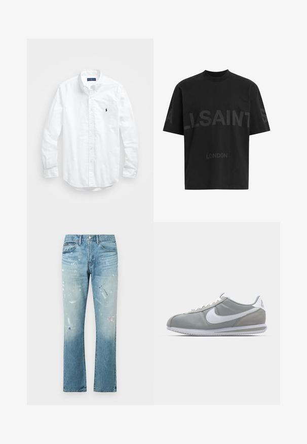 Bijela košulja dugih rukava s gumbima izrađena od pamuka. Ima klasični ovratnik, gumbaste manžete i mali brodasti logo u tamnoplavoj boji na prsima.; Crna oversize majica s tamnosivim natpisom "ALLSAINTS" preko prsiju i "LONDON" manjim slovima ispod.; Svijetloplave traperice ravnog kroja s mrljama od boje, izblijedjelim područjima i standardnim dizajnom s pet džepova. Gumb na struku za zatvaranje.; Sive sportske tenisice s gornjim dijelom od antilopa i tekstila, bijelim Nike swooshom i bijelim vezicama. Imaju teksturirani gumeni đon i podstavljeni ovratnik.