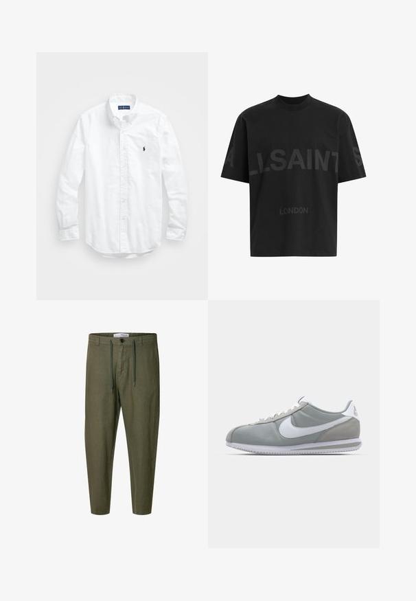 Camisa de botões de manga longa branca em algodão. Apresenta um colarinho clássico, punhos com botão e um pequeno logótipo bordado em azul-marinho no peito.; T-shirt oversized preta com texto em cinza escuro "ALLSAINTS" ao longo do peito e "LONDRES" em letras menores abaixo.; Calças de linho verde-azeitona com cintura elástica ajustável, pernas afuniladas, bolsos frontais e fecho com botão.; Sapatilha atlética cinza com um cabedal em camurça e têxtil, símbolo Nike branco e atacadores brancos. Apresenta uma sola de borracha texturizada e colarinho acolchoado.