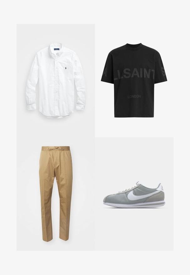 White long-sleeve button-up shirt in cotton. Features a classic collar, button cuffs, and a small navy embroidered logo on the chest.; Black cotton t-shirt with a relaxed fit, featuring a large tonal "ALLSAINTS" design and "LONDON" text on the front. Short sleeves, round neck.; Beige trousers with an elastic waistband and adjustable drawstring. Smooth texture, straight legs, and minimalistic design.; Gray athletic shoe with a suede and textile upper, white Nike swoosh, and white laces. Features a textured rubber sole and padded collar.