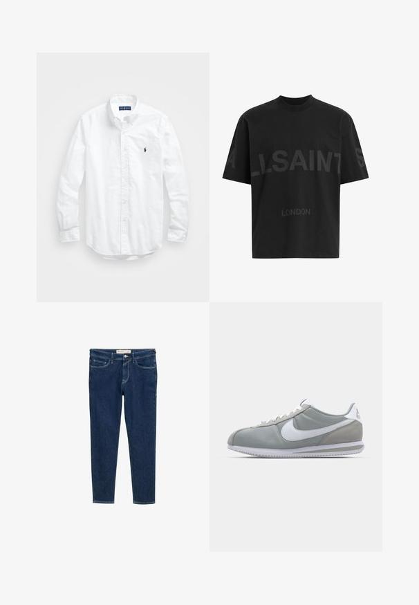 Camisa blanca de manga larga de algodón con botones. Presenta un cuello clásico, puños con botones y un pequeño logo bordado en azul marino en el pecho.; Camiseta negra de gran tamaño con el texto en gris oscuro "ALLSAINTS" en el pecho y "LONDON" en letras más pequeñas debajo.; Jeans de mezclilla de color azul oscuro con un corte ajustado. Cuenta con cinco bolsillos, trabillas para el cinturón y una cremallera resistente con cierre de botón metálico.; Zapatilla deportiva gris con parte superior de ante y textil, swoosh blanco de Nike y cordones blancos. Presenta una suela de goma texturizada y un collar acolchado.