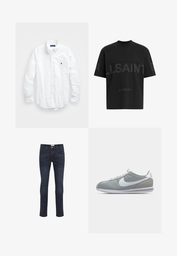 Bela dolg rokav srajca s gumbi iz bombaža. Ima klasičen ovratnik, gumbnice na zapestjih in majhen temno moder vezen logotip na prsih.; Črna oversize majica s短kimi rokavi z temno sivo napisano besedo "ALLSAINTS" čez prsi in "LONDON" v manjših črkah spodaj.; Temno modri skinny jeans z gumbom spredaj, zadrgo in petimi žepi, prikazani na beli podlagi.; Sive tenisice za šport z zgornjim delom iz semiša in tekstila, belim Nike swooshom in belimi vezalkami. Imajo strukturirano gumijasto podplat in oblazinjen ovratnik.