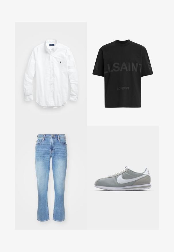 Bela dolg rokav srajca s gumbi iz bombaža. Ima klasičen ovratnik, gumbnice na zapestjih in majhen temno moder vezen logotip na prsih.; Črna oversize majica s短kimi rokavi z temno sivo napisano besedo "ALLSAINTS" čez prsi in "LONDON" v manjših črkah spodaj.; Svijetloplave traperice ravnog kroja s proširenim otvorima za noge, dizajnom s pet džepova i suptilnim nijansiranjem u području koljena i bedara.; Sive tenisice za šport z zgornjim delom iz semiša in tekstila, belim Nike swooshom in belimi vezalkami. Imajo strukturirano gumijasto podplat in oblazinjen ovratnik.
