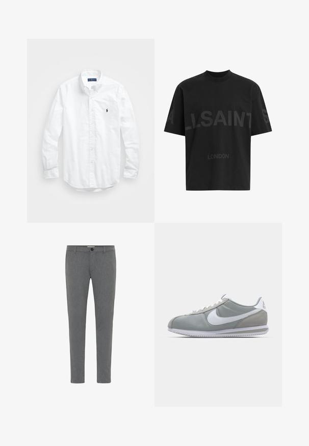 Bela dolg rokav srajca s gumbi iz bombaža. Ima klasičen ovratnik, gumbnice na zapestjih in majhen temno moder vezen logotip na prsih.; Črna oversize majica s短kimi rokavi z temno sivo napisano besedo "ALLSAINTS" čez prsi in "LONDON" v manjših črkah spodaj.; Sive prirejene hlače iz teksturirane tkanine, ki vključujejo standardni pas z zankami za pas, zip zapiranje in en gumb za zapiranje.; Sive tenisice za šport z zgornjim delom iz semiša in tekstila, belim Nike swooshom in belimi vezalkami. Imajo strukturirano gumijasto podplat in oblazinjen ovratnik.