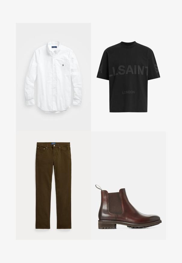 Hvit langermet skjorte i bomull med knapper. Har en klassisk krage, knappe mansjetter og en liten marineblå brodert logo på brystet.; Svart oversized T-skjorte med mørkegrå "ALLSAINTS" tekst over brystet og "LONDON" i mindre bokstaver under.; Brune bomullsjeans med rett ben, som har glidelås, to frontlommer og en merkevareskilt på linningen.; Brune lær Chelsea-støvler med elastiske sidepaneler, skaft, og teksturert gummisåle. Glatt overflate med solid lav hæl.