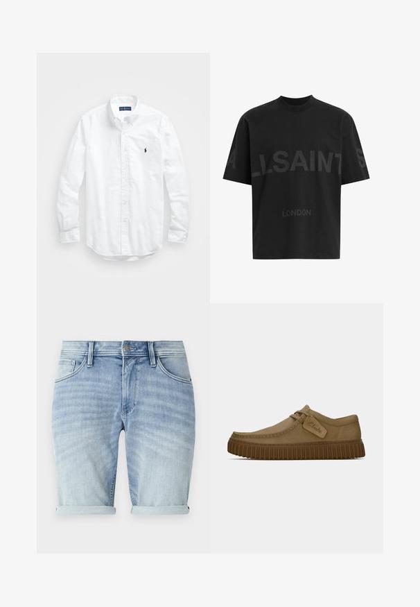Witte lange mouwen overhemd van katoen. Voorzien van een klassiek kraag, knopenmanchetten en een klein marineblauw geborduurd logo op de borst.; Zwart katoenen T-shirt met een relaxte pasvorm, voorzien van een groot ton-sur-ton "ALLSAINTS" ontwerp en de tekst "LONDON" op de voorkant. Korte mouwen, ronde hals.; Lichtblauwe denim shorts met een vervaagde afwerking, opgerolde manchetten, zijzakken en een metalen knoopsluiting in de taille.; Lichtbruine suède schoenen met een ronde neus, gestikte details en een geribbeld bruine rubberen zool. Bevat een zijlabel met het "Clarks" logo.