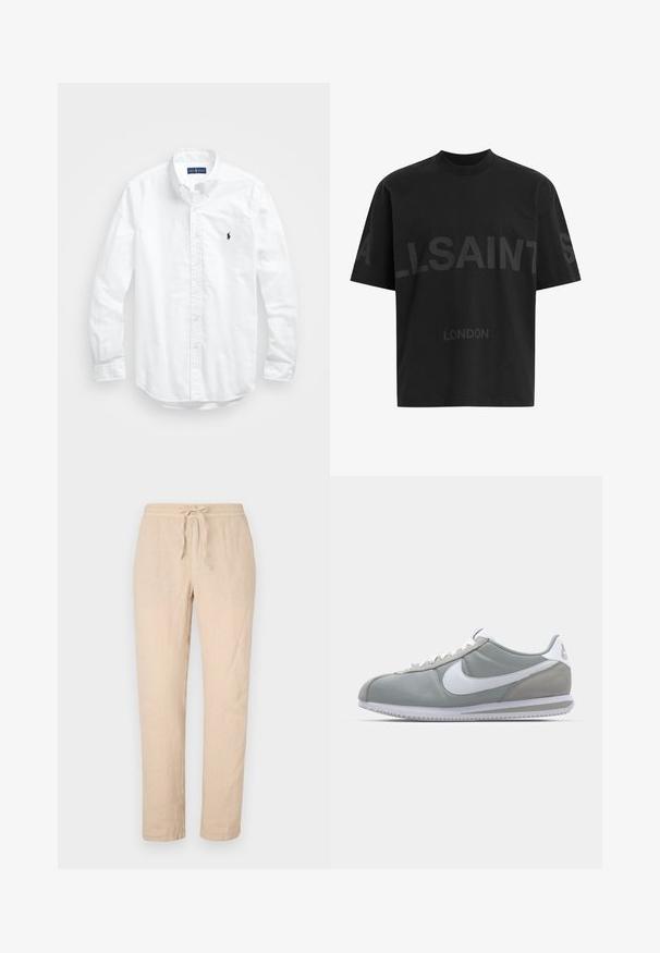 Valkoinen pitkähihaisessa napitetussa paidassa, joka on valmistettu puuvillasta. Siinä on klassinen kaulus, napilliset hihansuut ja pieni tummansininen brodeerattu logo rinnassa.; Mustat ylisuuret T-paidat, joissa on tummanharmaa "ALLSAINTS" -teksti rinnassa ja "LONDON" pienemmillä kirjaimilla alapuolella.; Beige pellavahousut, joissa on nauhavyötärö, suorat lahkeet ja pehmeä, rakenteellinen pinta. Varustettu kahdella sivutaskulla ja vähäisellä ompeluyksityiskohdalla.; Harmaa urheilujalkine, jossa on mokka- ja tekstiilipäällinen, valkoinen Nike-tikkukiinnitys ja valkoiset nauhat. Varusteena on kuvioitu kumipohja ja pehmustettu nilkkaosa.