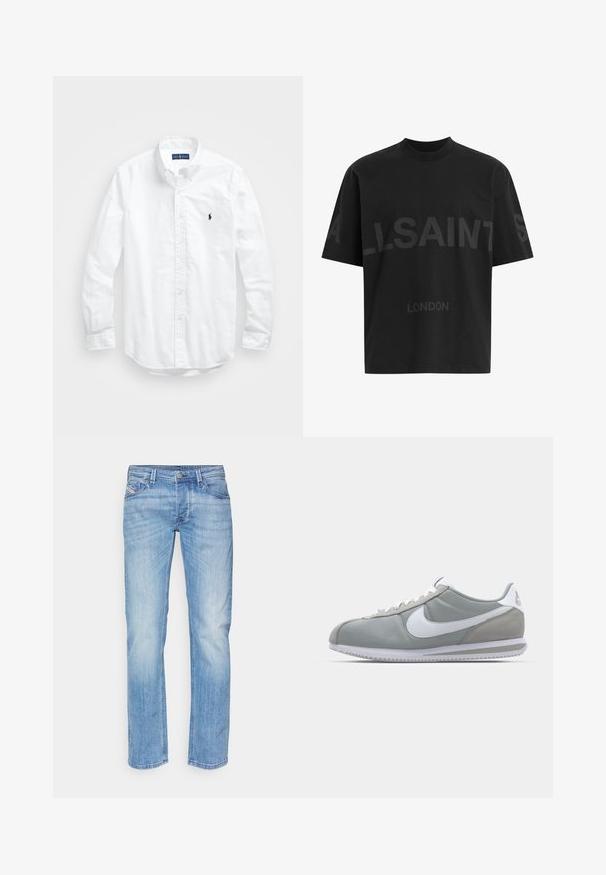 Camisa blanca de manga larga de algodón con botones. Presenta un cuello clásico, puños con botones y un pequeño logo bordado en azul marino en el pecho.; Camiseta negra de gran tamaño con el texto en gris oscuro "ALLSAINTS" en el pecho y "LONDON" en letras más pequeñas debajo.; Jeans de mezclilla azul claro de pierna recta con cierre frontal de botón y cremallera, trabillas para cinturón y bolsillos frontales sobre un fondo blanco.; Zapatilla deportiva gris con parte superior de ante y textil, swoosh blanco de Nike y cordones blancos. Presenta una suela de goma texturizada y un collar acolchado.