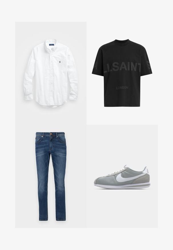 Hvit langermet skjorte i bomull med knapper. Har en klassisk krage, knappe mansjetter og en liten marineblå brodert logo på brystet.; Svart oversized T-skjorte med mørkegrå "ALLSAINTS" tekst over brystet og "LONDON" i mindre bokstaver under.; Mørkeblå denimbukser med rett ben, fem lommer, subtil fading, kontraststing og knappelukking i livet.; Grå idrettssko med overdel i semsket skinn og tekstil, hvit Nike swoosh og hvite snøringer. Har en teksturert gummisåle og polstret krage.