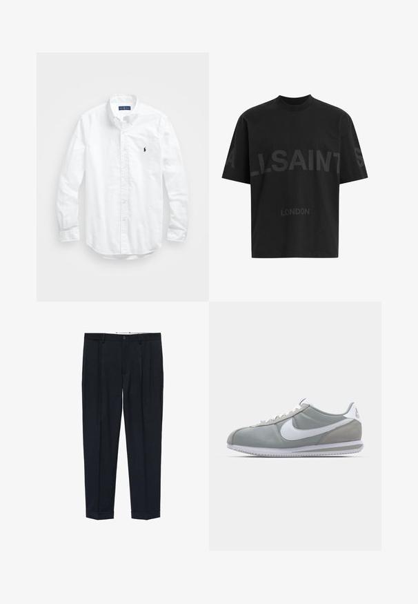 Vit långärmad skjorta i bomull med knappar. Har en klassisk krage, knappmanchetter och en liten broderad logotyp i marinblått på bröstet.; Svart t-shirt i bomull med avslappnad passform, med en stor ton-i-ton "ALLSAINTS" design och texten "LONDON" på framsidan. Kortärmad, rund hals.; Navybyxor i tyg med en slät yta, med dubbla framveck, knappstängning och uppvikta fållar.; Grå idrottssko med ovandel i mocka och textil, vit Nike-swoosh och vita snören. Har en texturerad gummisula och vadderad krage.