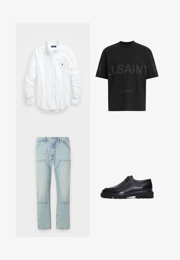 Camicia bianca a maniche lunghe con bottoni in cotone. Presenta un colletto classico, polsini a bottone e un piccolo logo ricamato in blu navy sul petto.; T-shirt nero oversize con il testo grigio scuro "ALLSAINTS" sul petto e "LONDON" in lettere più piccole sottostante.; Jeans in denim azzurro chiaro con gamba dritta, dotati di tasche a toppa e una finitura sbiadita. Chiusura con bottone in vita, passanti per cintura standard.; Scarpe in pelle nera con punta rotonda, dettagli cuciti e suola spessa e robusta con scanalature distintive. Design semplice con lacci.