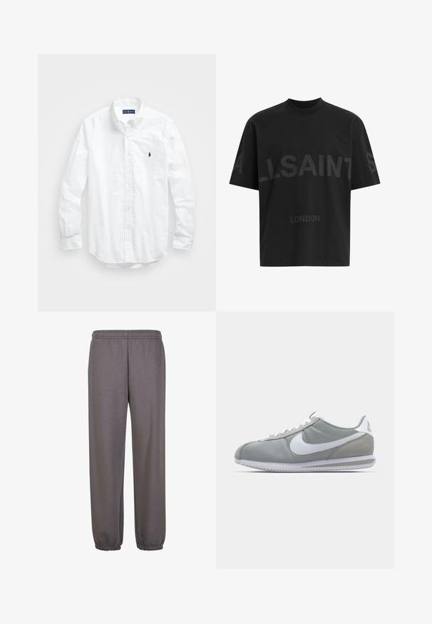 Balta ilga rankovė mygtukų marškiniai iš medvilnės. Pasižymi klasikinėmis apykaklėmis, mygtukų rankogaliais ir mažuoju tamsiai mėlynu siuviniu su logotipu ant krūtinės.; Juoda medvilninė marškinėliai laisvo kirpimo, priekyje didelis toninis užrašas "ALLSAINTS" ir tekstas "LONDON". Trumpomis rankovėmis, apvali apykaklė.; Pilkos sportinės kelnės, pagamintos iš minkštos medžiagos, su elastinga juosmens juosta, šoninėmis kišenėmis ir elastingais rankogaliais ant kulkšnų, užtikrinančios laisvą prigludimą.; Pilkas sportinis batelis su zomšiniais ir tekstiliniais viršutiniais paviršiais, baltas Nike swoosh ženklas ir baltos raišteliai. Yra tekstūruotas gumos padas ir paminkštinta apykaklė.