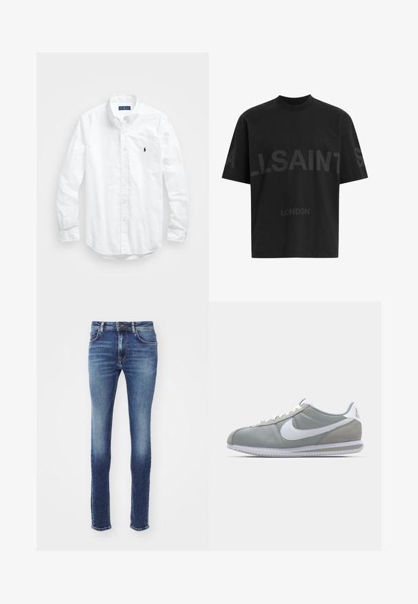 Fehér, hosszú ujjú, gombos férfiing pamutból. Klasszikus gallérral, gombos mandzsettával és egy kis sötétkék hímzett logóval a mellrészen.; Fekete, túlméretes póló sötétszürke "ALLSAINTS" felirattal a mellkason, alatta kisebb betűkkel "LONDON" felirattal.; Kék farmernadrág, slim fit szabással, közepes derékkal, varrásos zsebekkel és enyhe kopással. Az alsó szegélyek kissé viseltek.; Szürke sportcipő velúr és textil felsőrésszel, fehér Nike pipa logóval és fehér fűzőkkel. Jellemzője egy texturált gumi talp és párnázott bokarész.