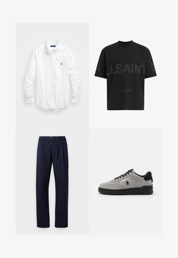 White long-sleeve button-up shirt in cotton. Features a classic collar, button cuffs, and a small navy embroidered logo on the chest.; Black oversized T-shirt with dark grey "ALLSAINTS" text across chest and "LONDON" in smaller letters below.; Navy blue trousers made of fabric with a smooth texture, featuring straight legs, a button closure, and a single front pleat.; Gray suede sneakers with black accents, featuring a textured fabric side panel, round toe, and black rubber sole. Logo embroidered on the side.